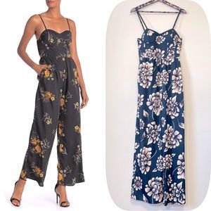 Band Of Gypsies Navy Floral Sweetheart Sleeveless Jumpsuit Medium
